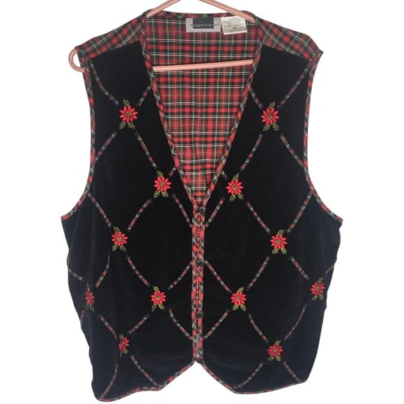 Maggie Barnes Vest Womens 3X Black Red Plaid Poinsettia Embroidered Velvet - Picture 1 of 16